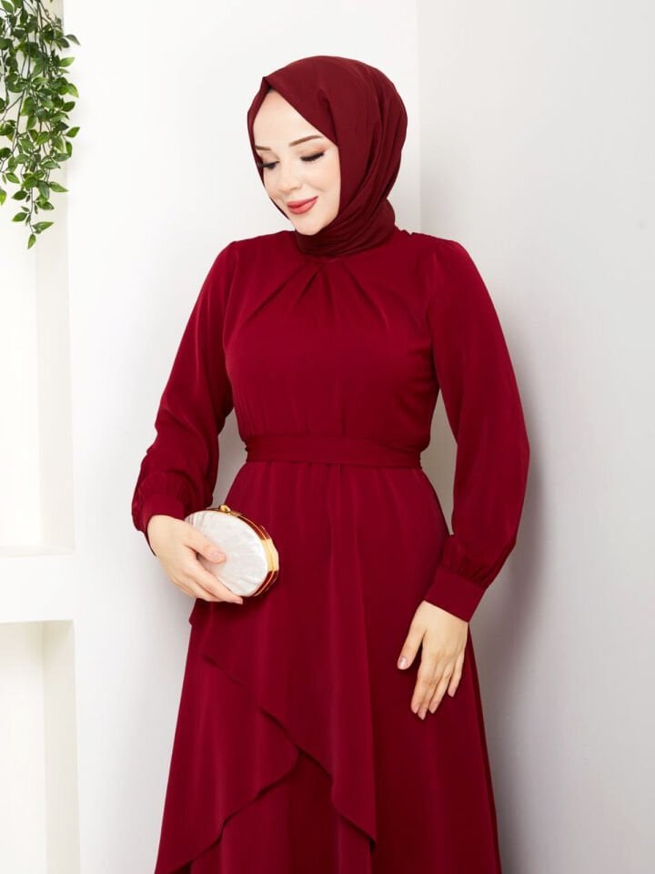 Önü Fırfırlı Tesettür Elbise-BORDO