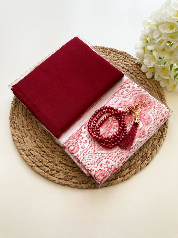 Üçlü Set (Seccade-Tespih-Tülbent)-BORDO