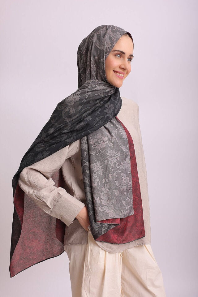 Degrade Desenli Çift Taraflı Şal-Gri Bordo